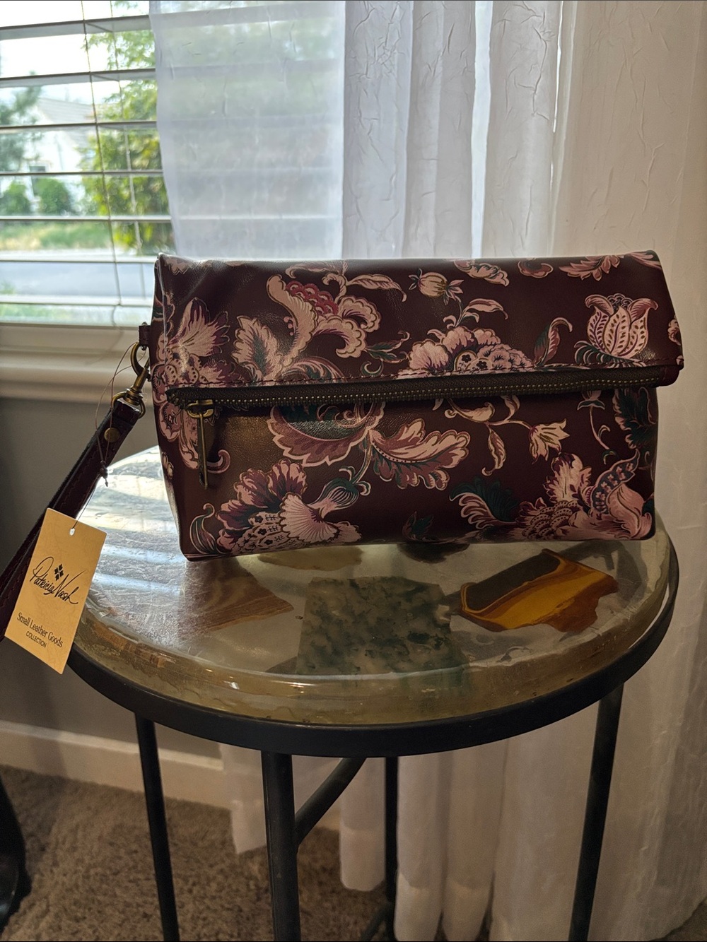 Patricia Nash Plum Floral Fold-Over Wristlet Clutch with Pale Pink Accents